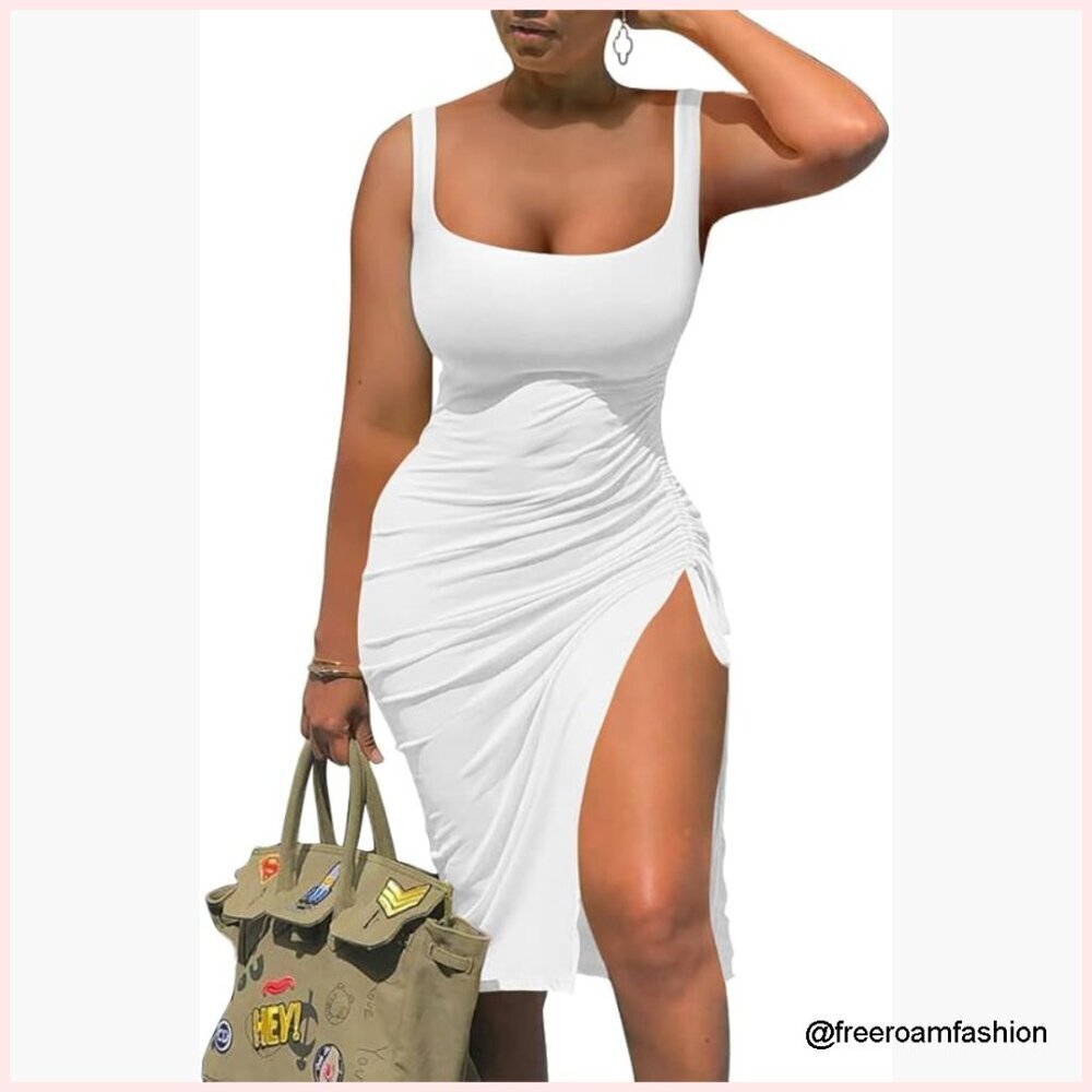 Sleeveless Bodycon Midi Dress Side Split Ruched Tank Summer Party